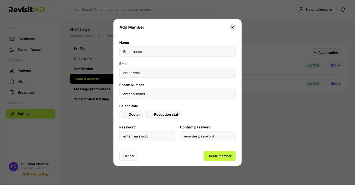 Add member form with name, email, phone number, role selection, and password