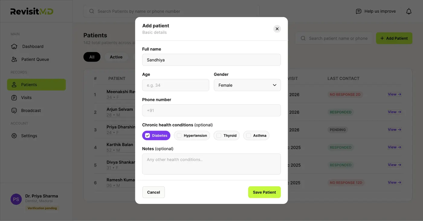 Add patient form with name, age, gender, phone number, and chronic condition checkboxes