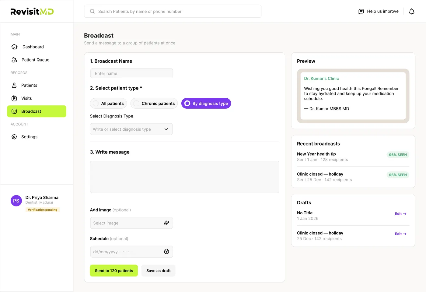 Broadcast composer with patient type selection, message editor, and a live preview