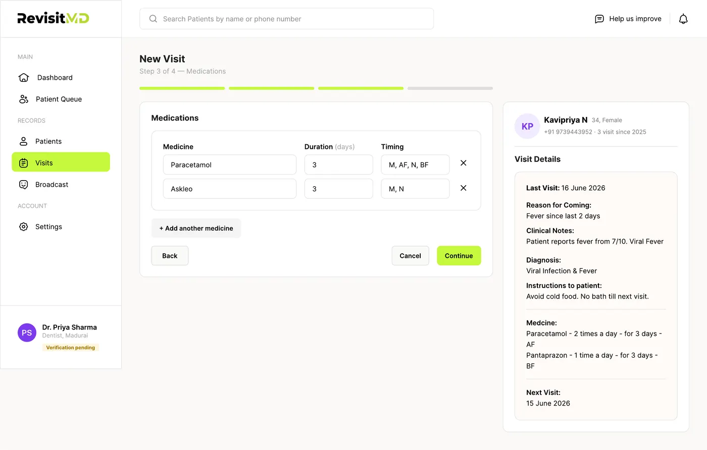 New visit step 3: adding medications with duration and timing