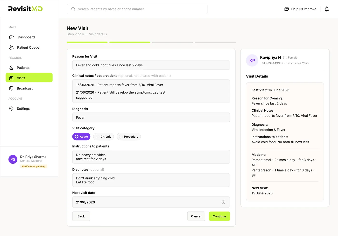 New visit step 2: visit details form with reason, clinical notes, diagnosis, and next visit date