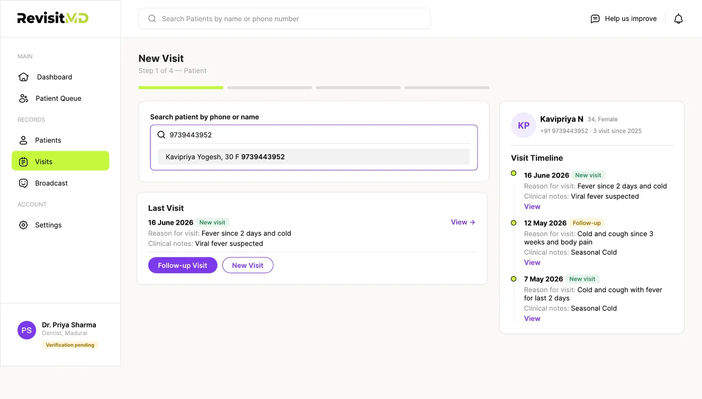 New visit step 1: searching for a patient by phone number, with their last visit and timeline shown