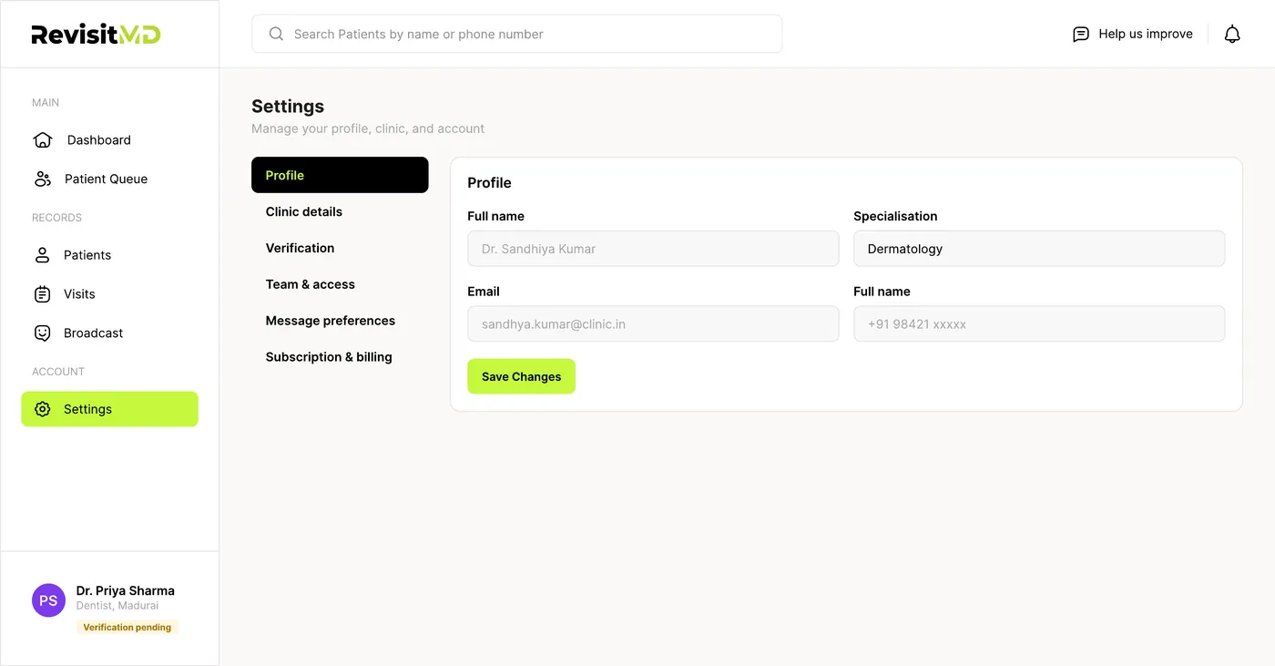 Team and access settings page listing clinic members and their roles