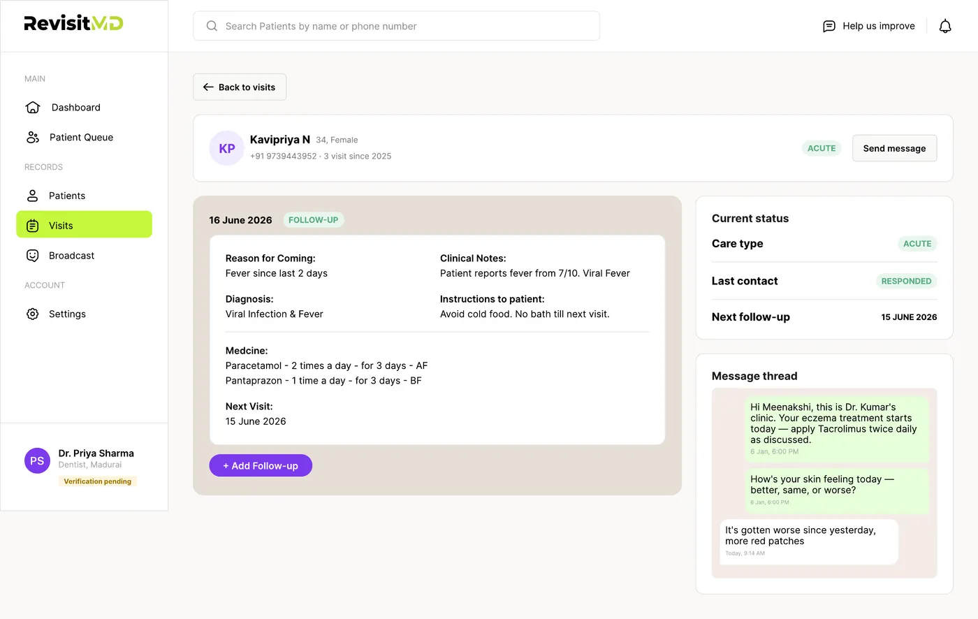 Visit record page showing current status, follow-up details, and WhatsApp message thread with the patient